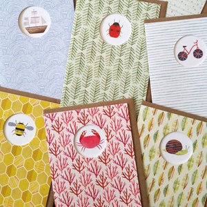 Lot de 6 cartes de voeux nature, abeille, coccinelle, escargot, crabe, voilier, vélo, carte de correspondance, collage, lot de 6