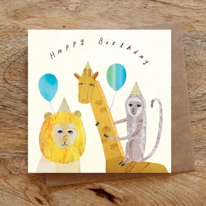 BIRTHDAY JUNGLE Animali Biglietto d'auguri, Biglietto di compleanno, Leone, Giraffa, Scimmia, Giungla, Palloncini, Animale, Divertente, Buon compleanno, Illustrato