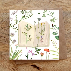 Tarjeta de felicitación con FLORES SILVESTRES, Tarjeta botánica, Plantas, Flores, Flores silvestres de flores británicas, Collage, Ilustrado, En blanco, Cumpleaños