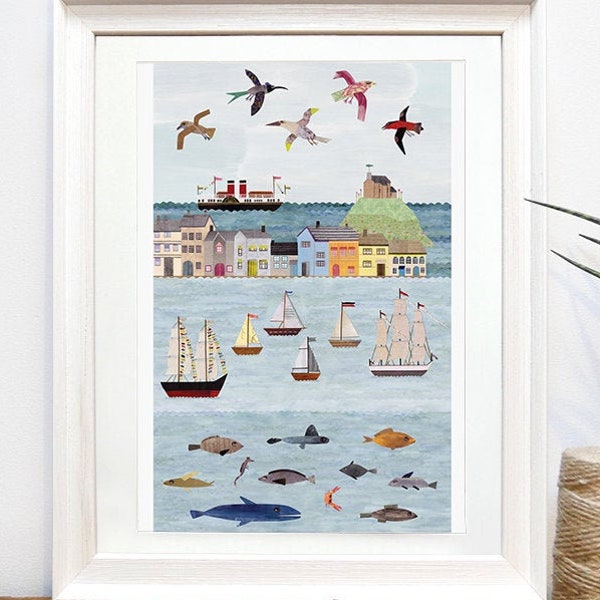 HARBOUR PRINT - Art Print, Collage, Illustration, Artist Print by Lianne Harrison, Harbour, Seaside, Beach, Sea, Coastline, Seaside Gift