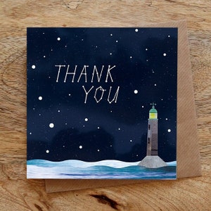 Biglietto di auguri di GRAZIE - Biglietto con costellazioni, biglietto di auguri con stelle, biglietto di ringraziamento, biglietto con faro, cielo notturno