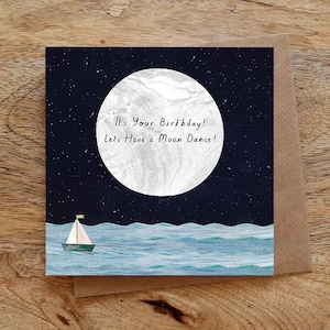 MOON DANCE BIRTHDAY - Grußkarte, Geburtstagskarte, Mond, Boot, Meer, Nachthimmel, Sterne, Mondlicht, Happy Birthday, illustriert, Collage