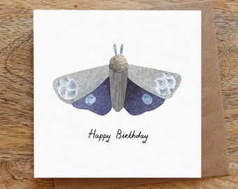 ANNIVERSAIRE PAPILLON BLEU - Carte de voeux, carte d'anniversaire, papillon de nuit, bleu, joyeux anniversaire, illustration illustrée, collage
