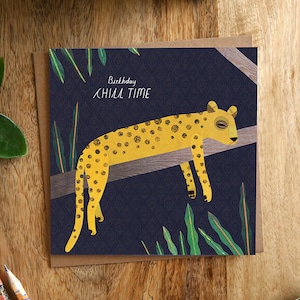 BIRTHDAY CHILL TIME - Jaguar Geburtstagskarte, Geburtstagskarte, Jaguar, Wild, Pflanzen, Entspannung, Happy Birthday, Illustriert, Collage
