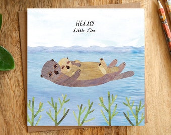HELLO LITTLE ONE Otter Baby Card, New Baby Greeting Card, Otters Card, Sea Otter, Congratulations, Illustrated, Collage