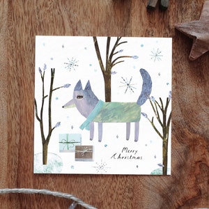 Carte de Noël LOUP, Cartes de Noël, Carte de voeux, Unique, Joyeux Noël, Carte de vœux, Loup, Bois, Illustration, Cadeaux, Flocons de neige