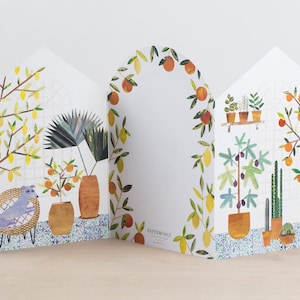 Carte de voeux Orangerie en accordéon, Carte à déplier, Illustration du jardin botanique, Serre, Serre, Oranges, Citrons, Plantes D'intérieur