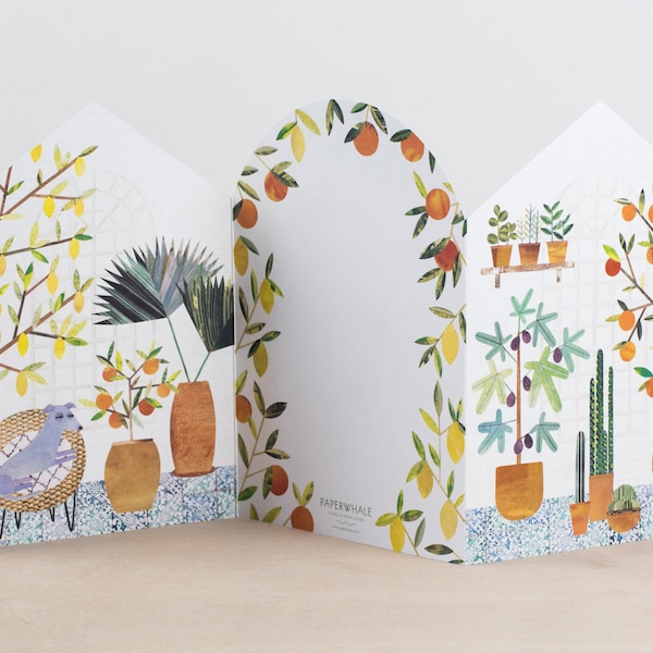 Orangery Concertina Greeting Card, Fold Out Card, Botanical Garden Illustration, Glasshouse, Greenhouse, Oranges, Lemons, House Plants