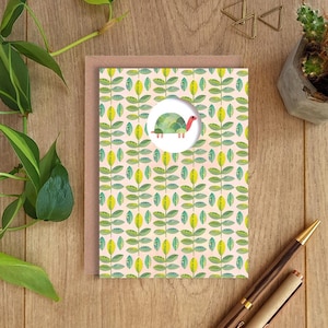TORTOISE Grußkarte, Schildkröte Blätter Karte, Karte mit botanischem Muster, botanisch, Collage, illustriert, blanko, Geburtstag, gestanzt
