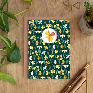 NARZISSE Teal Grußkarte, Narzisse Karte, Narzissen Musterkarte, Frühlingskarte, Botanische Karte, Collage, Blumen, British Flowers