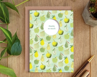 APPLES & PEARS Greeting Card, Thanks So Much, Thank You Card, Gratitude Card, Fruit Pattern, Tropical, Thanks Card, Notecard, Illustrated