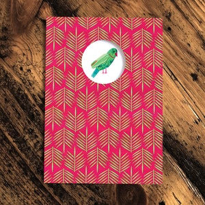 Cartão de felicitações com folhas de palmeira PARAKEET, cartão de periquito, cartão com padrão de folhas de palmeira, cartão de anotações, colagem, ilustrado, em branco, aniversário, recortado