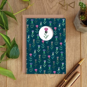 DISTEL Grußkarte, Distel Karte, Botanische Distel Muster Karte, Distel Druck, Grußkarte, Collage, Illustriert, Blanko, Geburtstag, Gestanzt