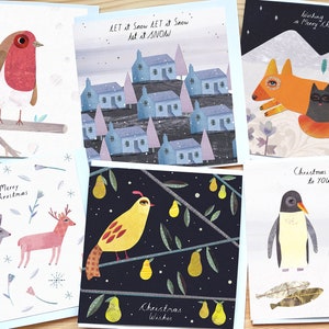 Lot de 6 cartes de Noël assorties, rouge-gorge, Let It Snow, renard et chat, cerf, perdrix poirier, pingouins, cartes d'hiver, lot de 6