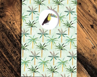 TOUCAN Palm Trees Greeting Card, Toucan Card, Botanical Palm Tree Pattern Card, Notecard, Collage, Illustrated, Blank, Birthday, Die Cut