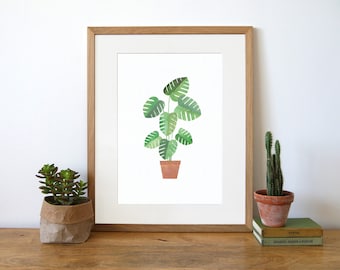 SCHWEIZER KÄSEPFLANZE Druck - Monstera Deliciosa, Monstera Kunst, Zimmerpflanze Geschenk, Collage, Illustration