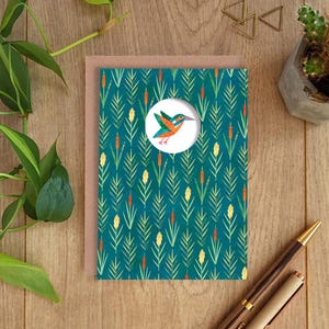 Cartão de felicitações KINGFISHER, cartão Kingfisher, cartão com padrão de junco Kingfisher, botânico, colagem, ilustrado, em branco, aniversário, recortado