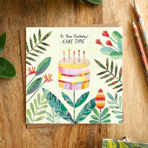 Cartão de felicitações de aniversário JUNGLE CAKE, É hora do seu bolo de aniversário, Feliz aniversário, Selva, Plantas, Folhas, Tropical, Colagem