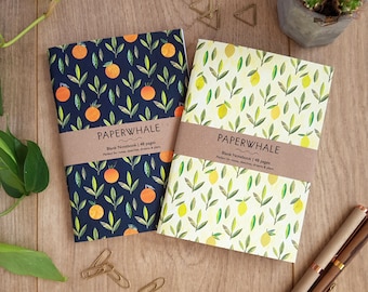 SET OF 2 NOTEBOOKS - Oranges & Lemons A6 Notebooks, Pocket Note Pads, A6 Notebook, Citrus Print Notebooks, Pack of 2, Botanical