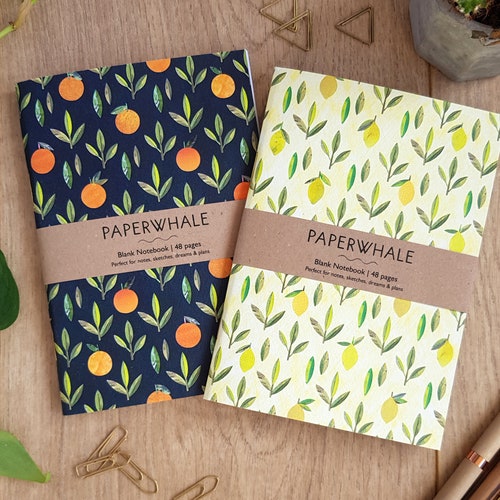 SET OF 2 NOTEBOOKS - Oranges & Lemons A6 Notebooks, Pocket Note Pads, A6 Notebook, Citrus Print Notebooks, Pack of 2, Botanical