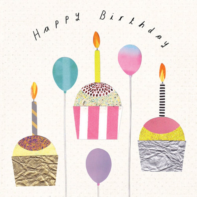 BIRTHDAY CUPCAKES Greeting Card, Happy Birthday, Cake Birthday Card, Fairy Cakes, Pink, Balloons, Candles, Illustrated, Collage image 3