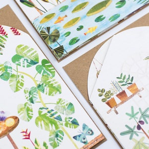 PAQUETE DE 3 tarjetas de felicitación en forma de concertina para invernadero, tarjetas desplegables, jardín botánico, invernadero, plantas tropicales, plantas de interior