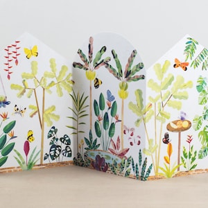 Carte de voeux en accordéon, Maison des papillons, Carte à déplier, Illustration du jardin botanique, Serre, Serre, Tropical, Plantes d'intérieur