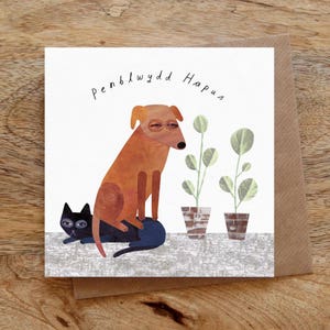 PENBLWYDD HAPUS (Happy Birthday WELSH) carte de voeux, carte d'anniversaire galloise, chien, animal, drôle de carte de chien, joyeux anniversaire, illustré, collage