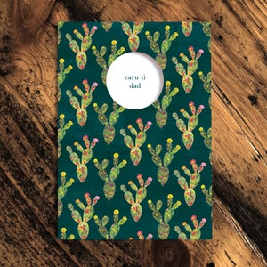 Cartão de felicitações CARU TI Dad (Te amo, pai galês), cartão galês para o dia dos pais, cartão com padrão de cacto botânico, cactos floridos, cartão ilustrado