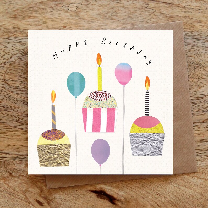 BIRTHDAY CUPCAKES Greeting Card, Happy Birthday, Cake Birthday Card, Fairy Cakes, Pink, Balloons, Candles, Illustrated, Collage image 1