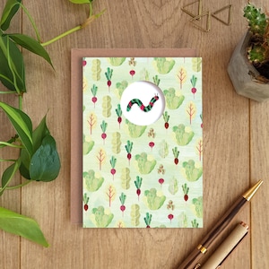 CATERPILLAR Grußkarte, Raupe Karte, Radieschen Salat Muster, Natur Karte, Notecard, Collage, illustriert, blanko, Geburtstag, gestanzt