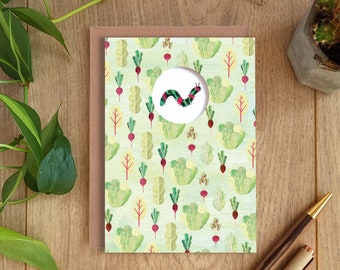 CATERPILLAR Greeting Card, Caterpillar Card, Radish Lettuce Pattern, Nature Card, Notecard, Collage, Illustrated, Blank, Birthday, Die Cut