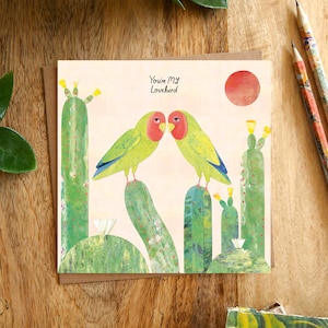 Tarjeta de felicitación con la frase "Eres mi agapornis", tarjeta de San Valentín, tarjeta de amor, agapornis, cactus, cactus, plantas silvestres, ilustradas, collage