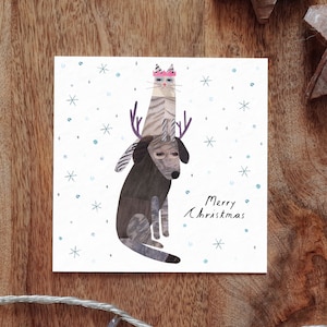 Carte de Noël CHAT et CHIEN, Cartes de Noël, Carte de voeux, Unique, Joyeux Noël, Chat, Chien, Flocons de neige, Amusant, Collage, Carte illustrée