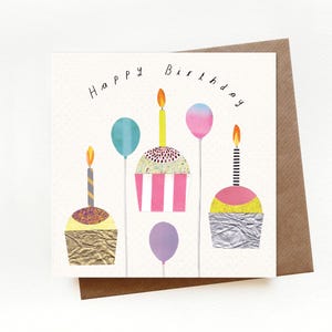 BIRTHDAY CUPCAKES Greeting Card, Happy Birthday, Cake Birthday Card, Fairy Cakes, Pink, Balloons, Candles, Illustrated, Collage image 2