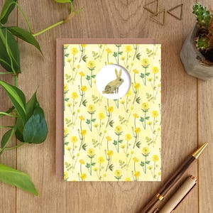 HÄSCHEN Ostergrußkarte, Osterkarte, Butterblumen Musterkarte, Frühlingskarte, Hase, Botanische Karte, Collage, Wildblumen