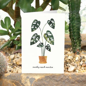 MONKEY MASK PLANT - wenskaart met plantenverzorging, plantenkaart, Monsteria Adansonii, plantenliefhebberkaart, kaart Zwitserse kaas, planttips