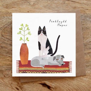 PENBLWYDD HAPUS (Happy Birthday WELSH) Katzenliebhaber Grußkarte, walisische Geburtstagskarte, Illustriert, Collage