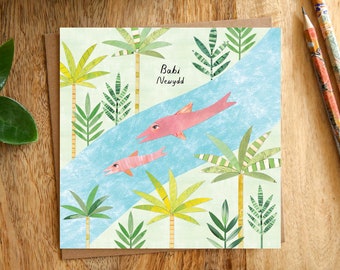 RIVER DOLPHIN Welsh Baby Greeting Card, Babi Newydd, New Baby, New Little One, River Dolphin Card, Botos, Jungle, Tropical, Wild, Collage