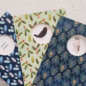PAQUETE DE 6 tarjetas navideñas con búhos nevados, mirlos y deseos invernales, tarjetas con estampados de collage ilustrados de invierno, acebo, juego de 6