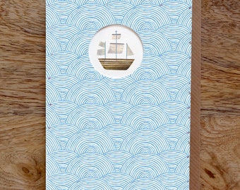 SAILBOAT Greeting Card, Ship Card, Boat Card, Sailboat Card, Blue, Waves, Notecard, Collage, Illustrated, Blank, Birthday, Die Cut