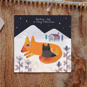 Carte de Noël RENARD et CHAT, Cartes de Noël, Carte de voeux, Unique, Joyeux Noël, Renard, Chat, Maison, Neige, Nuit, Clair de lune
