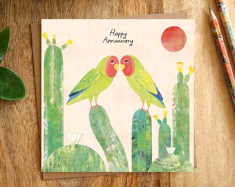 LOVEBIRDS ANNIVERSARY Greeting Card, Happy Anniversary Card, Lovebirds, Cacti, Cactus, Wild, Plants, Happy Birthday, Illustrated, Collage