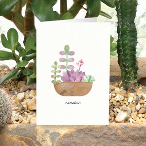 Tarjeta de felicitación con suculentas y cuidado de plantas, tarjeta con suculentas, tarjeta con plantas, collage con suculentas, tarjeta para amantes de las plantas, tarjeta botánica, tarjeta con plantas de interior
