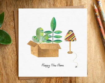 NEW HOME Plants and Retro Lamp Greeting Card, New Home, Housewarming Card, House Plants, Urban Jungle, Illustrated, Collage