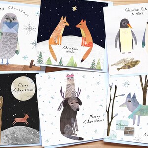 PAQUETE DE 6 TARJETAS NAVIDEÑAS VARIADAS: Carta de búho, Fox Hill, Pingüinos, Bear Moon, Gato y perro, Wolf Woods, Tarjetas de invierno, Juego de 6