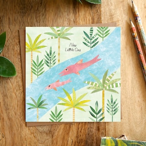 RIVER DOLPHIN Biglietto di auguri per neonati, neonato, piccolo, biglietto River Dolphin, Botos, giungla, tropicale, selvaggio, illustrato, collage