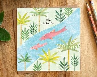 RIVER DOLPHIN Baby Greeting Card, New Baby, New Little One, River Dolphin Card, Botos, Jungle, Tropical, Wild, Illustrated, Collage