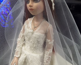 Handmade white wedding dress with delicate lace and veil for 11.5in dolls