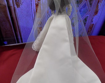 Handmade white wedding dress with delicate lace and veil for 11.5in dolls